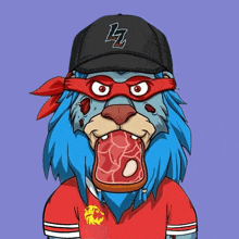 a cartoon of a lion wearing a baseball cap with the letter l on it