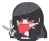 a girl with long black hair is holding a pair of scissors in front of her mouth