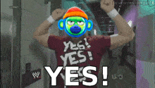 a man wearing a shirt that says " yes " on it