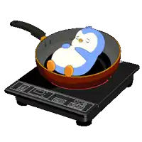 a cartoon penguin is sitting in a frying pan on a stove