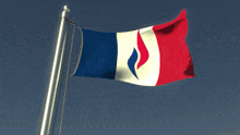 a red white and blue flag with a blue flame on it
