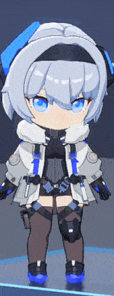 a cartoon character with white hair and blue eyes is wearing a white jacket