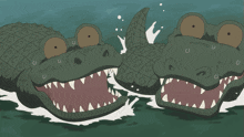 two alligators with their mouths open and one has the letter u on its head