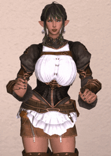 a woman with a very large breast is wearing a brown and white dress