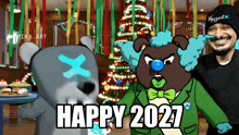 a cartoon says happy 2027 in front of a christmas tree and a clown