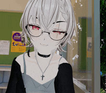 a girl wearing glasses and a choker stands in front of a green board with a gomen poster on it