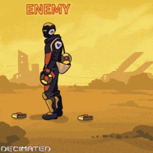a cartoon of a man standing in a field with enemy written above him