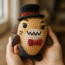 a person is holding a crocheted fish with a top hat and bow tie
