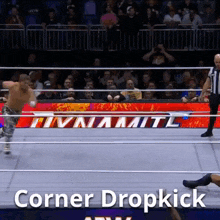 a corner dropkick is being performed in a wrestling match