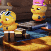 two cartoon ducks are on a treadmill and one is wearing a pink bow