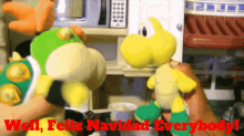 a person holding two stuffed animals with the words well feliz navidad everybody in red