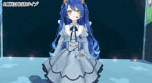 a girl with blue hair and yellow eyes is wearing a blue dress and a microphone