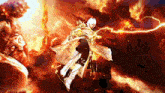a man with white hair is flying through the air with a lightning bolt behind him
