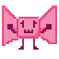 a pixel art illustration of a pink bow with a face and arms .