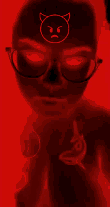 a person wearing glasses with a devil face on their forehead