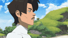 a cartoon drawing of a man with a white shirt and brown hair