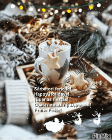 a picture of a cup of hot chocolate with marshmallows and christmas cookies