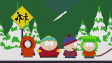 a group of south park characters are standing in front of a school crosswalk sign .
