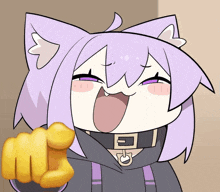 a cartoon character with purple hair is pointing at the camera with a yellow fist