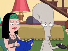 a cartoon of a woman reading a book next to a grey alien