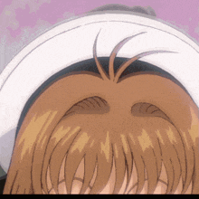 a close up of a cartoon character 's head with a white hat on