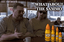 two men sitting at a table with the words what about the sammo above them