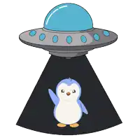 a cartoon illustration of a penguin being abducted by a spaceship