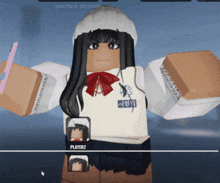 a girl in a white shirt with a name tag that says " player2 "