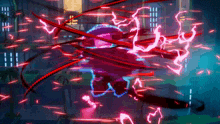 a cartoon character is being attacked by a bunch of red lights