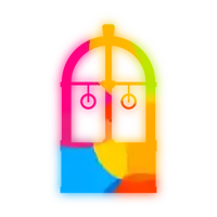 a rainbow colored drawing of a door with the letter o in the middle