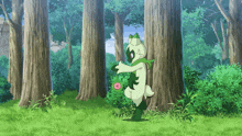 a cartoon character is standing in the woods holding a flower