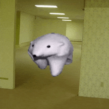 a polar bear is floating in the air in a hallway