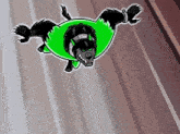 a cartoon wolf is flying through the air wearing a green superhero costume .