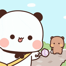a cartoon of a panda holding a ball and another bear standing next to it