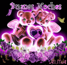 a couple of teddy bears sitting next to each other with the words buenas noches