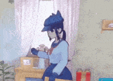 a cartoon girl is standing in front of a window in a room holding a flower .