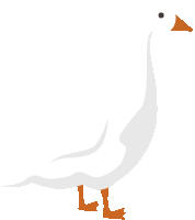 a white goose with orange feet and a black spot on its head