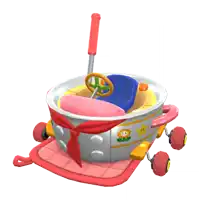 a cartoon drawing of a pot with wheels and a red scarf around it