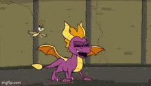 a cartoon of a monster with horns holding a hammer standing next to a purple dragon