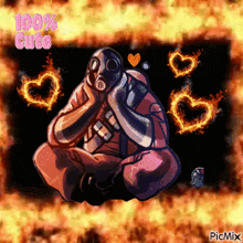 a drawing of a man with a gas mask surrounded by flames with the words 100 % cute above him