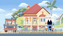 a cartoon illustration of a house for sale with a for sale sign .