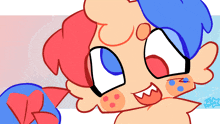 a drawing of a cartoon character with red and blue hair and the name kyo on the bottom
