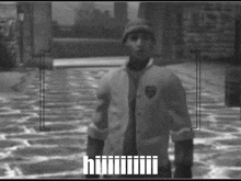 a black and white photo of a man with the word huiii visible