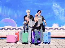a group of people sitting on suitcases with one wearing a t-shirt that says ' i love you '