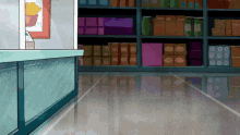 a cartoon drawing of a grocery store with shelves filled with various items