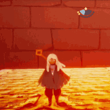 a cartoon character is standing in front of a red wall