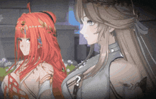 two anime girls are standing next to each other with a question mark on their chest