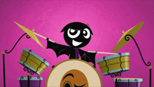 a cartoon character playing drums with a pink background