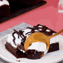 a piece of chocolate cake with whipped cream on top