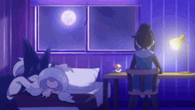 a cartoon of a person sitting at a desk with a ball on it